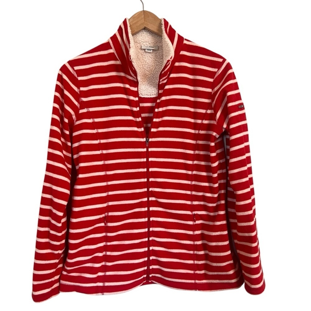 L.L. Bean Women’s Red and White Striped Full Zip Fleece Jacket Size Small - Picture 5 of 11